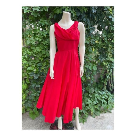 1950's Red Taffeta Ball Gown Formal New Look Surplice Neckline Flared Skirt Bone - Picture 1 of 10